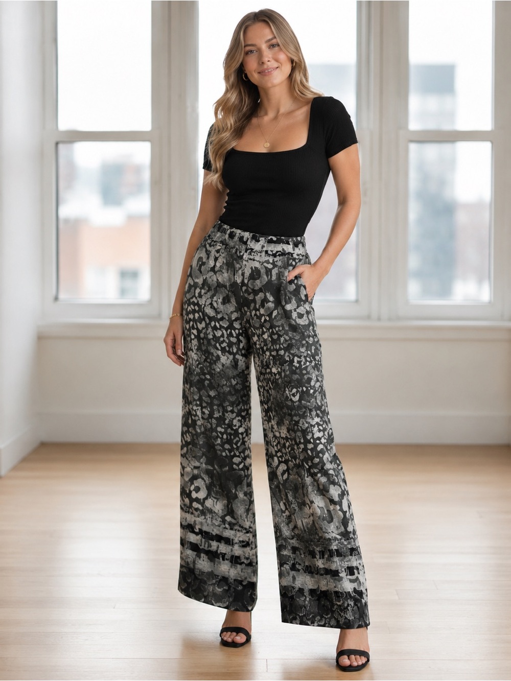 Sisley Animal Print Wide Leg Pants Side Zip Size S